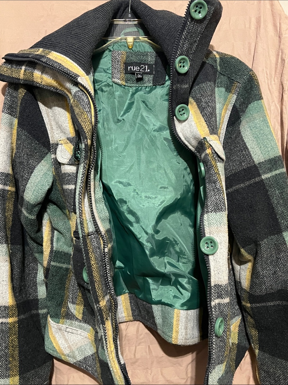 RUE21 Green and Black Plaid Button Jacket with Yellow Accents